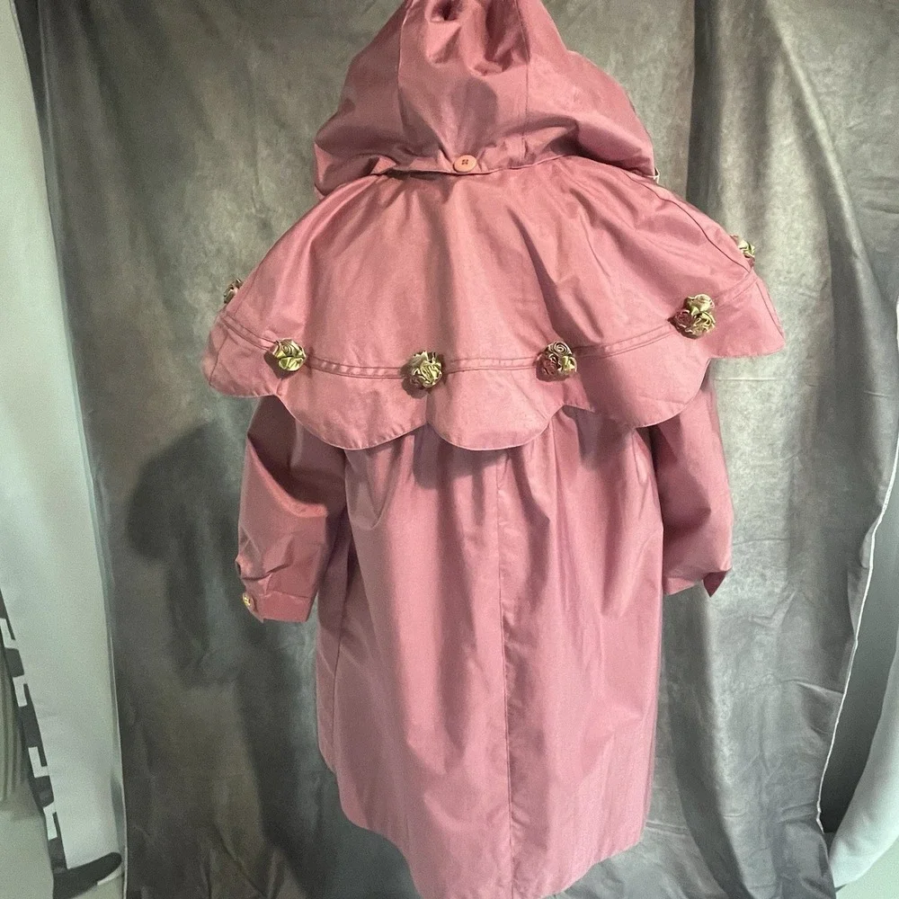 Giacca Young Gallery Vintage Pink Girls 7 Raincoat Rosettes Shiny Capelet Hood‎